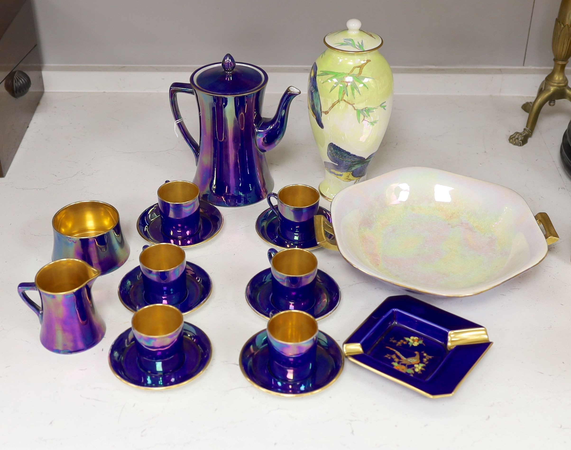 A Carlton ware lustre coffee set for six, two handled bowl, ash tray and ‘kingfisher’ vase and cover, 24cm tall